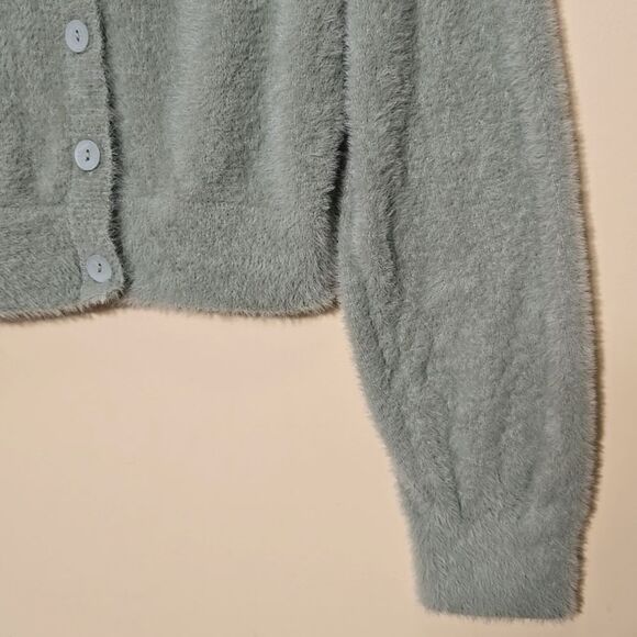 Aerie Fuzzy Cropped Cardigan Sweater Size‎ M Green Ultra Soft Twee - Picture 7 of 12